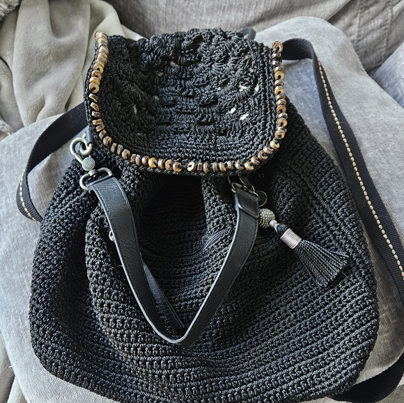 The Sak Handbags - The Sak Black Crochet Backpack with Beaded Trim and Tassel